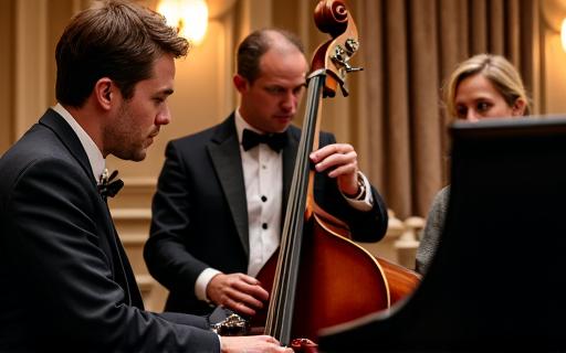 The Classic Jazz Trio performing with a piano, double bass, and saxophone.