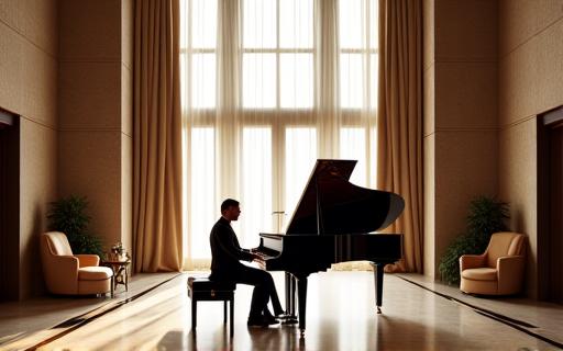 A solo pianist playing a grand piano in an elegant hotel lobby.