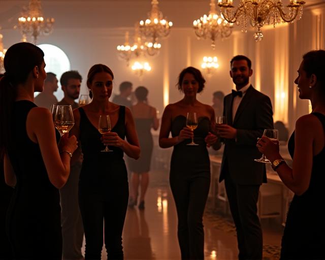 Guests mingling at a cocktail party with the band providing a subtle, elegant backdrop.