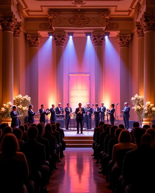 The Mayfair Melodists performing on a grand stage at a corporate awards gala.