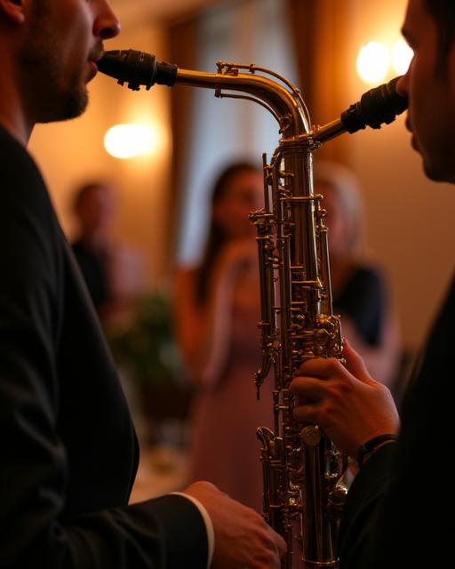 Close-up of a saxophonist playing at an intimate 50th birthday party.