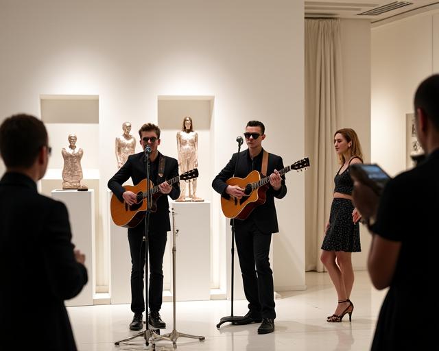 A stylish duo performing at a luxury brand product launch in a modern gallery.