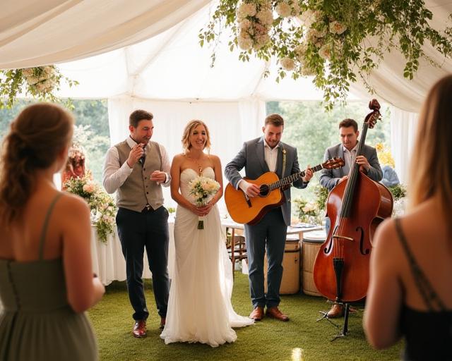 A jazz trio playing during a sunlit wedding reception in a garden marquee.