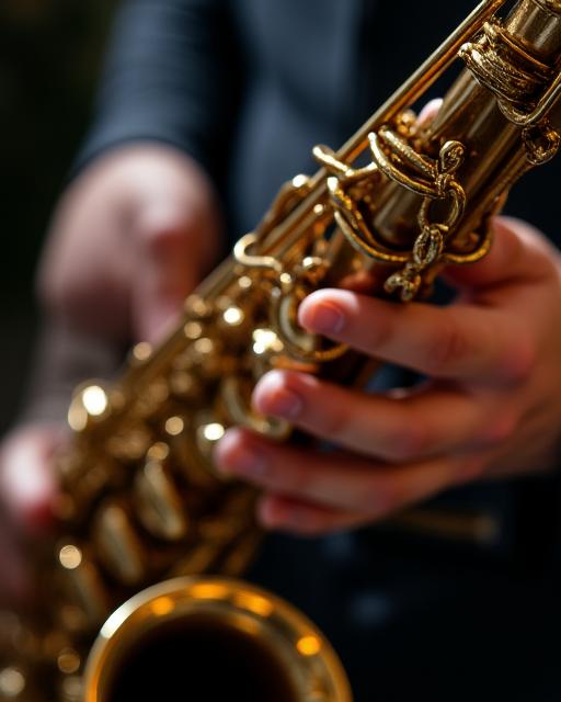 Close-up of a musician's hands on a saxophone, conveying artistry and skill.